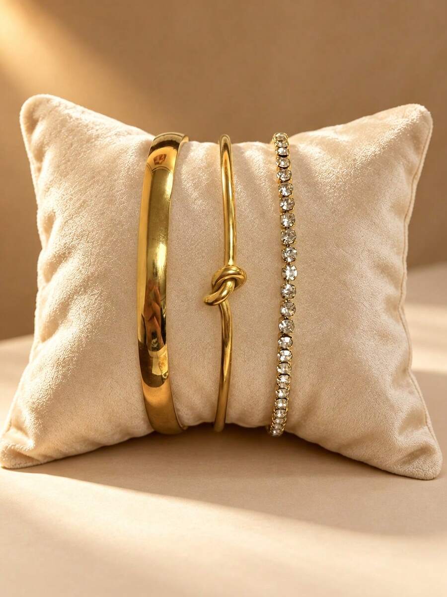 VceTd 1 Set Elegant Style Stainless Steel Women's Jewelry Set With Bracelet And Basic Chain, Suitable For Office And Commute Wear - Yellow Gold - View 1