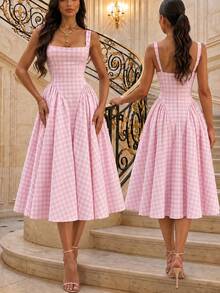 Dirp Noir Women's Elegant Plaid Square Neck Wide Strap Ruched Midi Dress, Suitable For National Day, Graduation, Back To School, Party - Pink - View 11