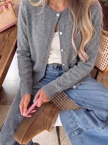 JustMiss Women's Round Neck Long Sleeve Knit Loose Short Cardigan, Minimalist Commute Button-Up Knit Sweater, Spring/Autumn - Dark Grey - View 9