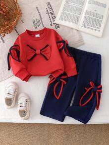2pcs Baby Girl Sporty Casual Contrast Color 3D Big Bow Long Sleeve Sweatshirt & Pants Set, Thin Spring/Autumn - Red - View 3
