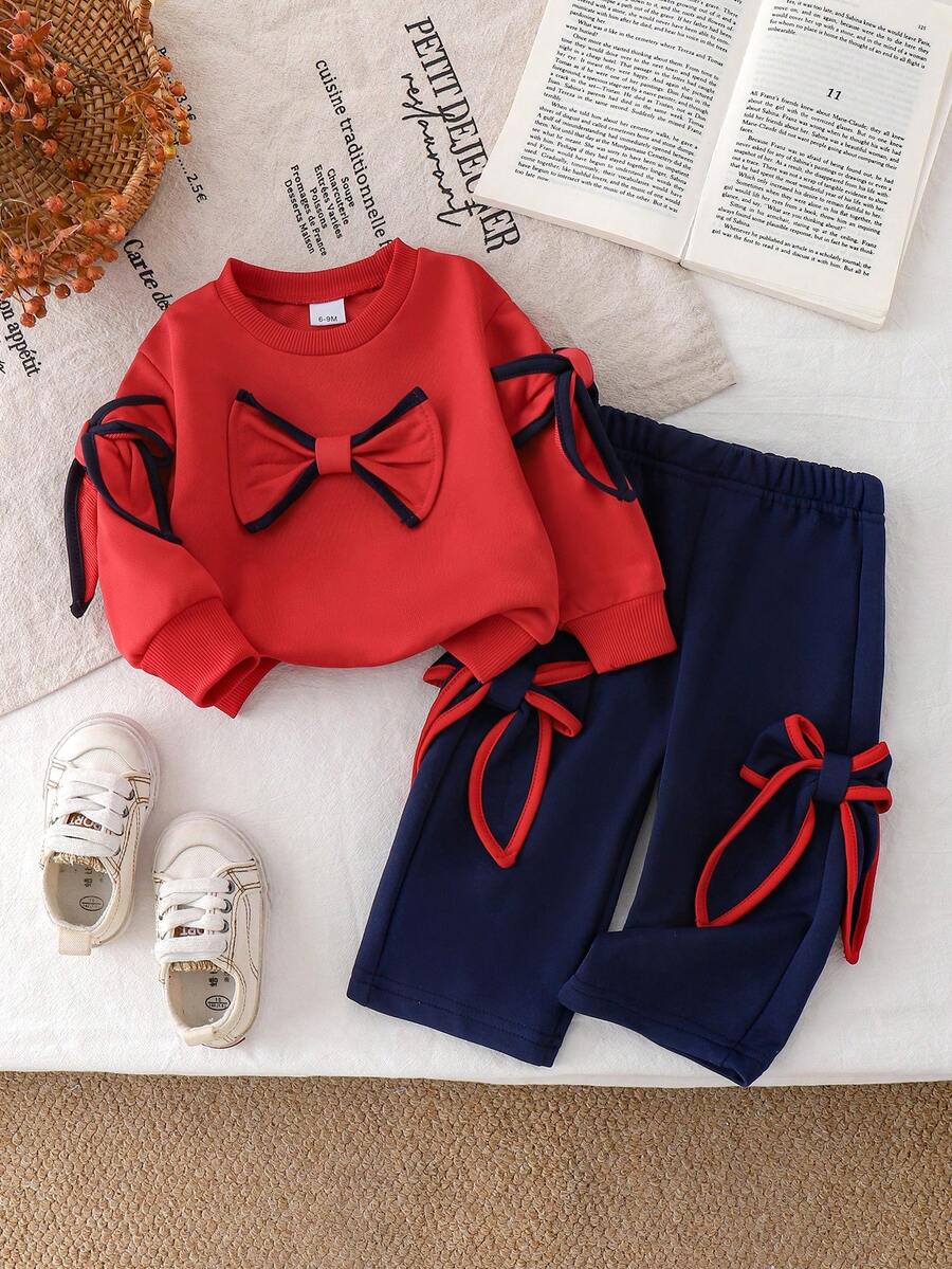 2pcs Baby Girl Sporty Casual Contrast Color 3D Big Bow Long Sleeve Sweatshirt & Pants Set, Thin Spring/Autumn - Red - View 1