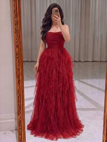 Fashion Strapless Formal Gown, Ruched Mesh Bodice, Long Flowing Skirt, Suitable For Special Occasions - Red - View 4