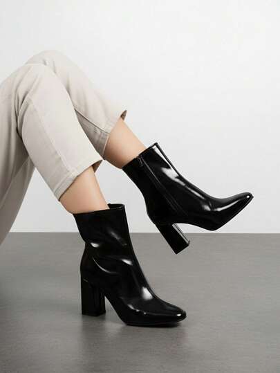 Women's Plus Size Black Slim Block Heel Ankle Boots, Side Zipper Glossy Wrinkled Chunky Square Heel Ankle Boots, Fashion Minimalist Footwear Suitable For Daily Commute, Autumn Street Style