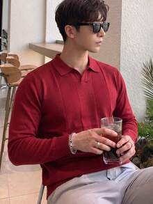 男士經典深色圖案正肩飛機領長袖針織衫，秋冬款 - 酒紅色 - 查看 5