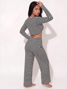 2pcs Women's Round Neck Striped Long Sleeve Top + Elastic Waist Long Pants Pajamas Loungewear Set - Black - View 6