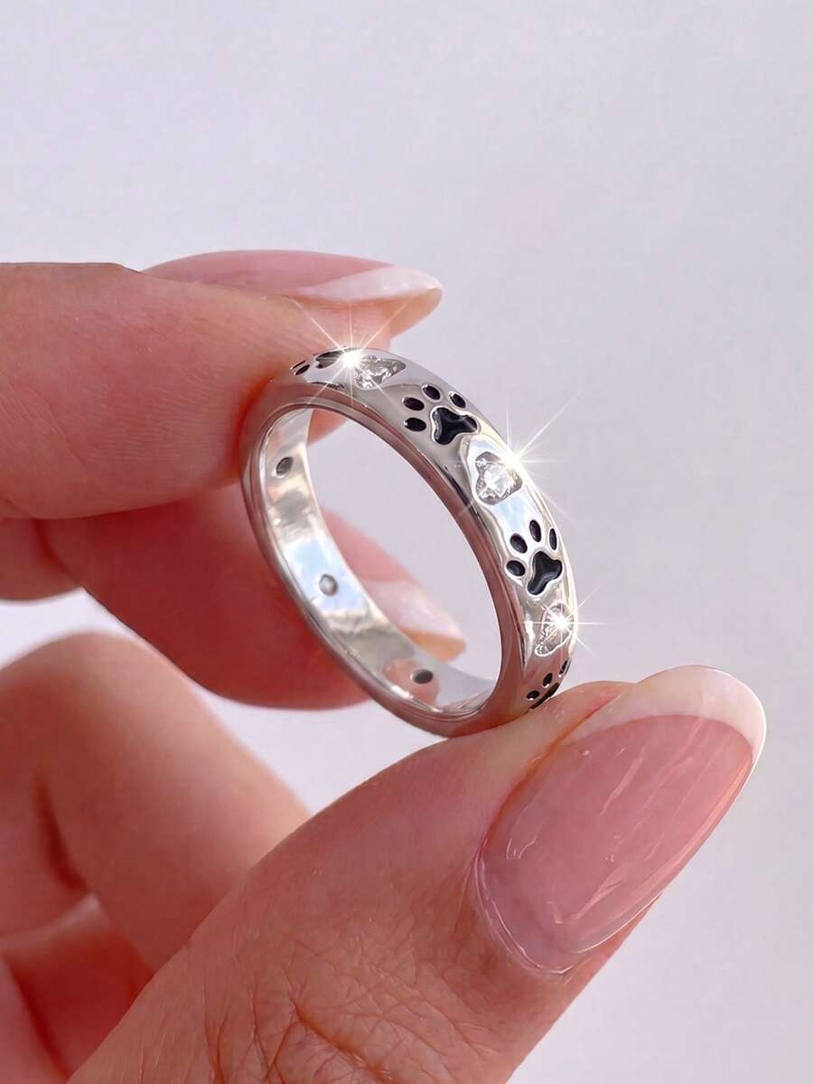 1pc Pet Paw Print Diamond Heart Shaped Ring, Exquisite Unique Jewelry Gift, Suitable For Prom, Party, Gathering