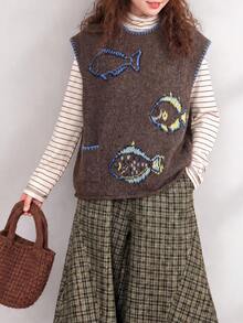 Rompi Sweater Rajut Leher Bulat Motif Ikan Jacquard Musim Gugur/Dingin Wanita, Sedikit Elastis, Panjang Reguler, Gaya Jalanan - Coffee Brown - View 1