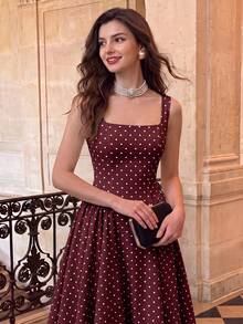 Dirp Noir Women's Elegant Plaid Square Neck Wide Strap Ruched Midi Dress, Suitable For National Day, Graduation, Back To School, Party - Burgundy - View 3