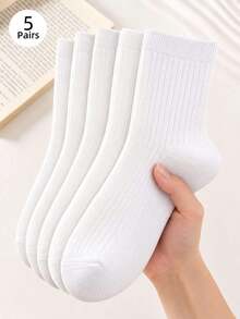 5 Pairs White Vertical Striped Mid-Calf Socks For Women, Couple Long Socks - White - View 5