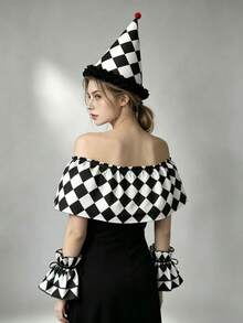 1 Set Black And White Clown Cosplay Outfit, Fake Collar, Cone Hat And Arm Warmers, Halloween Circus Ruffle Women's Party Stage Costume Accessories - A - View 5