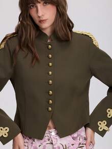 Women's Autumn Long Sleeve Round Neck Napoleon Style Blazer - Army Green - View 5