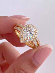 2pcs/Set Water Drop Shaped Cubic Zirconia Rings, Shiny Elegant Promise Rings, Exquisite Jewelry, Suitable For Weddings, Proms And Other Occasions - Water Drop - View 1