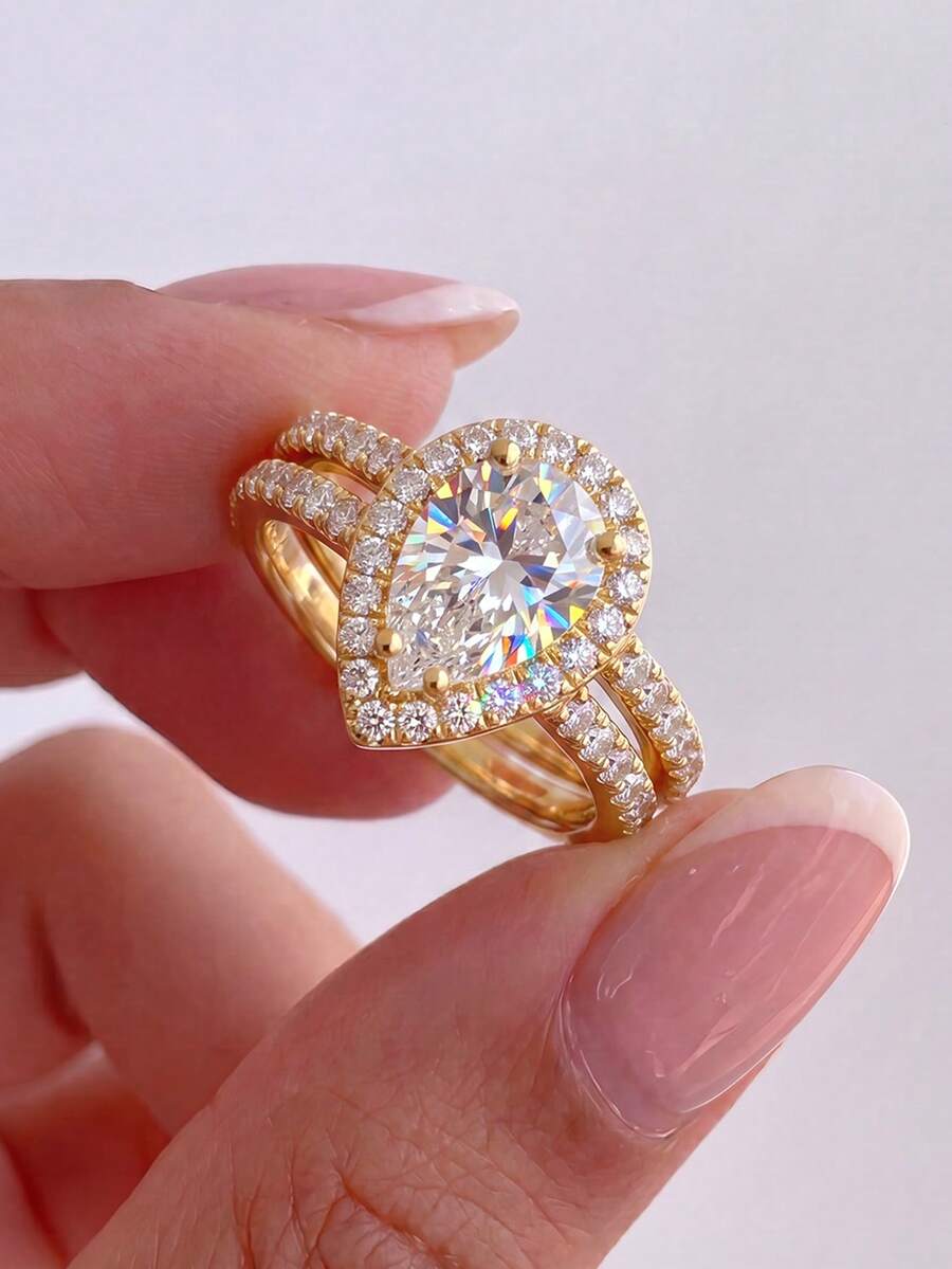 2pcs/Set Water Drop Shaped Cubic Zirconia Rings, Shiny Elegant Promise Rings, Exquisite Jewelry, Suitable For Weddings, Proms And Other Occasions - Water Drop - View 1