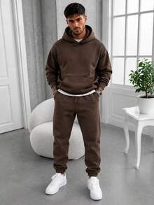 Men Solid Kangaroo Pocket Hoodie And Jogger Pants 2 Pieces Set, Brown Loose Casual Tracksuit - Brown - View 1