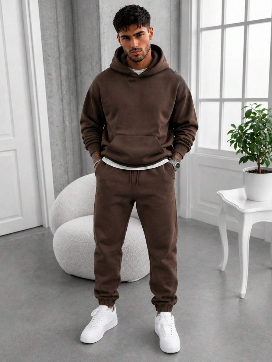 Men Solid Kangaroo Pocket Hoodie And Jogger Pants 2 Pieces Set, Brown Loose Casual Tracksuit - Brown - View 1