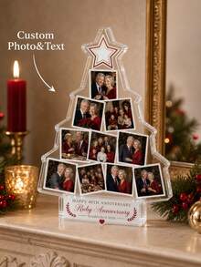 1pc Personalized Custom Photo Text Desk Plaque, Custom Multiple Photos Engrave Text, Tree‑Shaped Family Photo Tabletop, Anniversary Holiday Gift - Multicolor - View 3