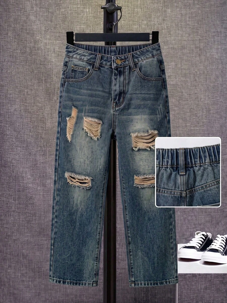 Tween Boy Casual Distressed Wide Leg Denim Jeans With Slanted Pockets