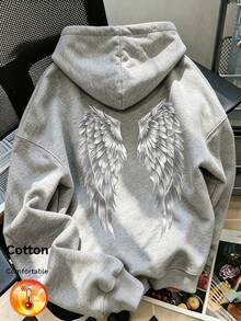 Women's Silver Wing Print Fleece Hoodie, Long Sleeve Pullover, Large Back Graphic Design, Soft And Comfortable, Y2K Style - Gray - View 3