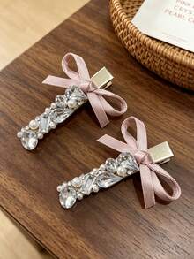 2pcs Shiny Crystal Rhinestone Pearl Bow Side Hair Clips Set, Exquisite Hair Accessories For Women, Daily And Party Wear, Gift For Girls - Multicolor - View 8