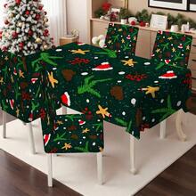 1PC/4PCS/5PCS/6PCS/7PCS/30PCS Dark Green Christmas Hat Gingerbread Man Pine Cone Holly Red Berry Print Christmas Tablecloth Elastic Chair Cover Set, Washable Decorative Dining Tablecloth + Elastic Chair Cover, Suitable For Christmas Eve Dinner, Christmas Family Gathering, Holiday Banquet, Home Dining Room Tabletop Holiday Party Decoration - Dark Green - View 7