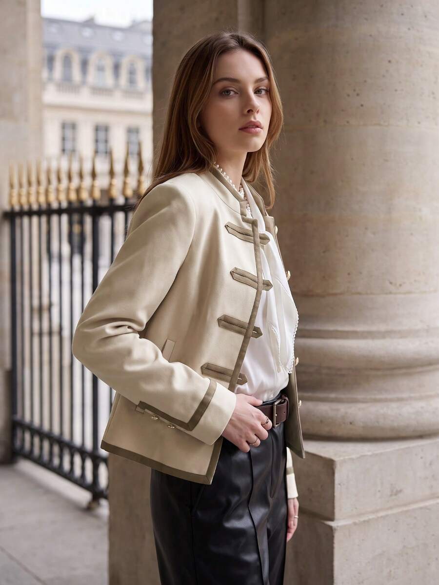 Casual Elegant Commuter Women's Button Long Sleeve Contrast Color Tape Patchwork Woven Twill Fabric Jacket With Pockets And Lining, Suitable For Airport, Daily Office, Campus, Holiday And Multiple Occasions, Versatile - Apricot - View 1