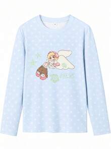 Autumn/Winter New Women's Round Neck All-Over Star Cartoon Angel Print Casual Versatile Cute Loose Long Sleeve T-Shirt Top - Light Blue - View 5