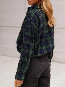 Women's Plaid Dropped Shoulder Long Sleeve Button-Down Shirt Long Top, Textured Knit Fabric, Autumn And Preppy Style Outfit Choice - Multicolor - View 2