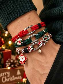 1pc Christmas Braided Rope Bracelet, Santa Claus Snowflake Bell Enamel Pendant Carabiner Wristband, Unisex Stackable Holiday Jewelry, Christmas Gift - Christmas Bracelet - View 3