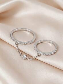 1pc Elegant Cubic Zirconia Chain Linked Ring, Suitable For Women's Daily, Wedding, Party, Gathering - Silver - View 3
