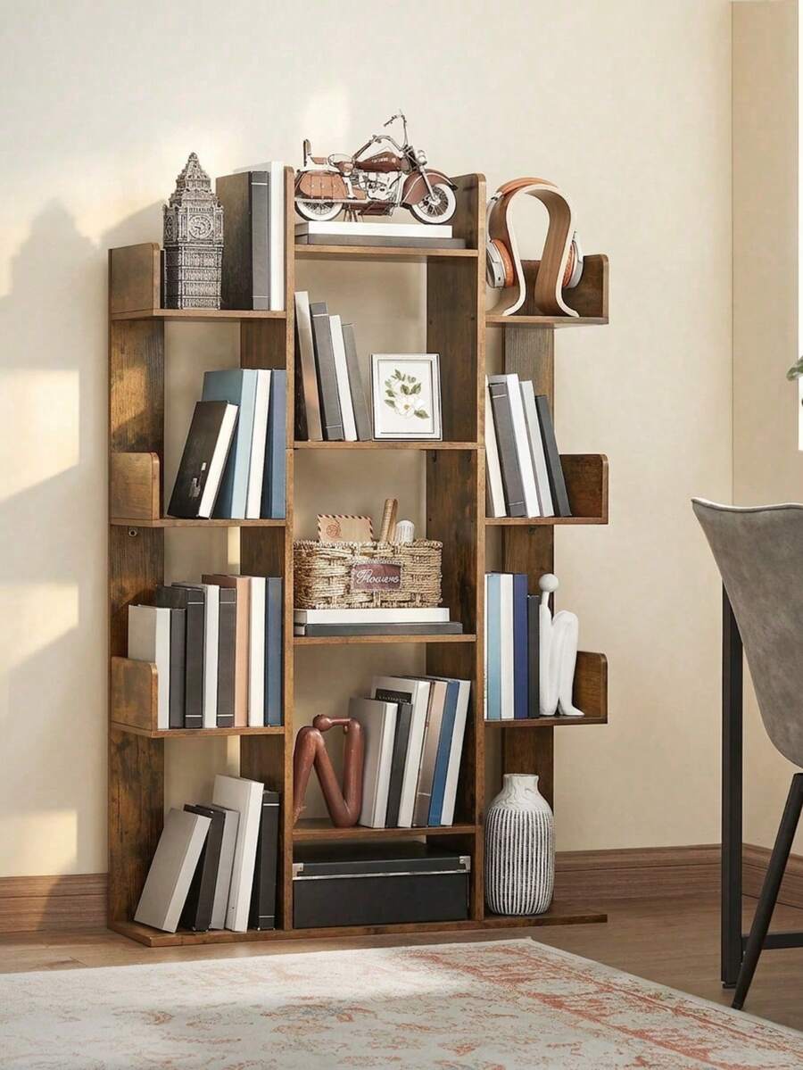 VASAGLE Tree Bookcase With 13 Storage Shelves, Rounded Corners, 9.8 Inches Deep X 33.9 Inches Wide X 55.1 Inches High, Rustic Brown