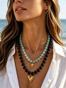 2/1pc Vintage Elegant Metal Heart & Shell Pendant Multi-Color Beaded Necklace Set, Suitable For Vacation And Daily Wear - Multicolor - View 3