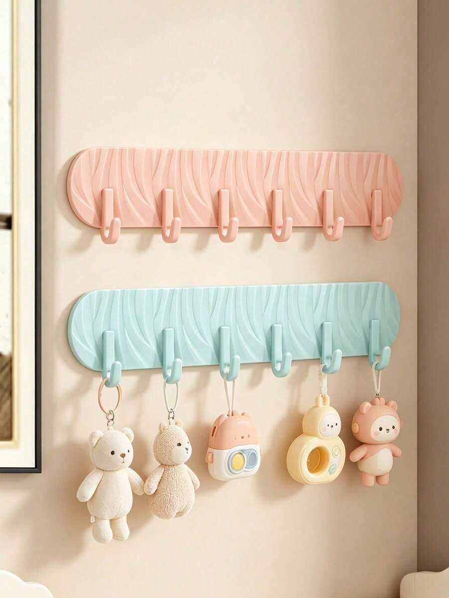 1pc Baby Macaron Color Wavy Self-Adhesive Hook Rack, Plastic 6-Hook Wall Mount Hook, Cute Decorative Storage Organizer, Suitable For Baby Room - Multicolor - View 1