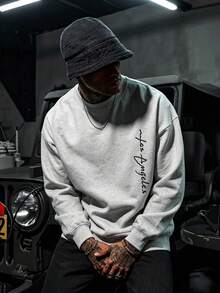 DOPE | Men's Light Gray Crew Neck Sweatshirt, Side Handwritten English Print, Daily Versatile Street Casual Pullover - Light Grey - View 2