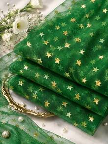 1pc Green Star Glitter Tulle Fabric, Transparent Mesh With Gold Metallic Star Print, Lightweight Shiny Polyester Tulle, Suitable For Holiday Party Decoration, Christmas Backdrop, Gift Wrapping, Ballet Tutu, Bow Handmade And DIY Sewing Projects - Multicolor - View 4