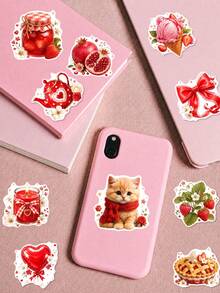 50Pcs PP Strawberry Love Garden Stickers, Romantic Strawberry Garden Style, Including Strawberries, Love Letters, Red Roses, Desserts Elements, For Journal Collage, Water Bottle, Luggage, Skateboard, Tablet, Notebook, Storage Box, DIY Craft Decor - Multicolor - View 4