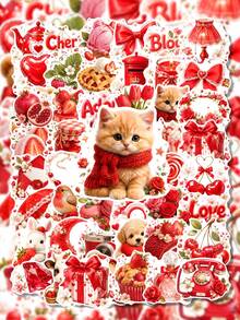 50Pcs PP Strawberry Love Garden Stickers, Romantic Strawberry Garden Style, Including Strawberries, Love Letters, Red Roses, Desserts Elements, For Journal Collage, Water Bottle, Luggage, Skateboard, Tablet, Notebook, Storage Box, DIY Craft Decor - Multicolor - View 9