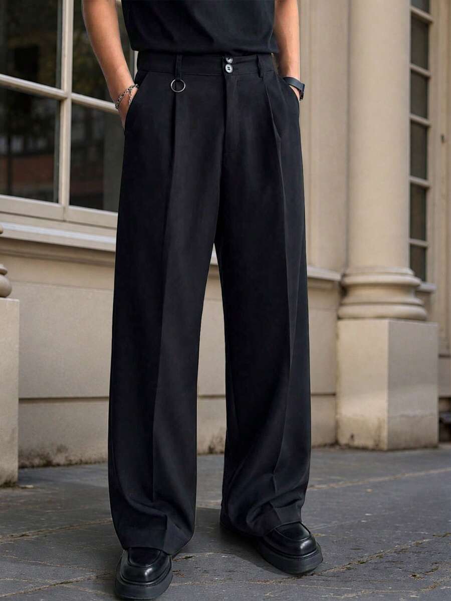 Celana Panjang Pria Model Drape Lebar untuk Musim Semi/Gugur, Kancing Ganda, Pinggang Tinggi, Potongan Lurus Longgar, Warna Hitam, Celana Jas Kasual - Hitam - View 1