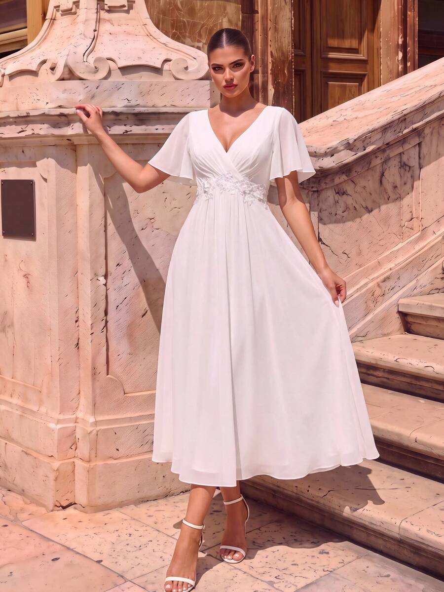 EVERPRETTY Elegant White Chiffon Wedding Guest Dress For Fall Wedding Anniversary With Floral Applique Waist And Flutter Sleeves Romantic Formal Dress - White - View 1