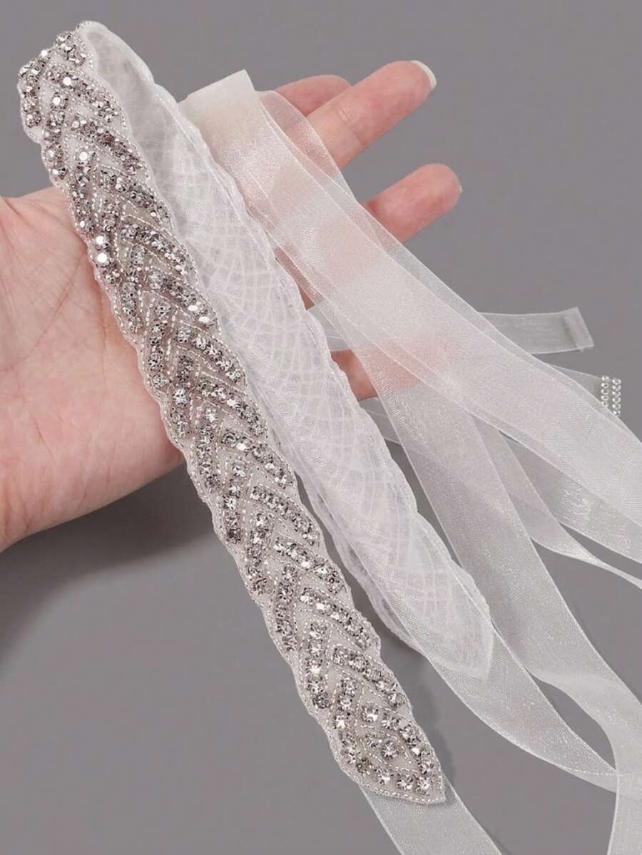 1件優雅亮銀色仿水晶新娘禮服腰帶，柔軟緞帶繫帶設計，女款派對晚宴婚紗通用腰飾配件
