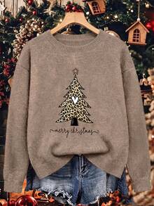 Women's Vintage Christmas Tree Print Long-Sleeve Crew-Neck Sweater With Leopard Print Trim – Christmas Winter Top - Earth Gray - View 8