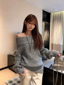 [Y6Y]Women's Off-Shoulder Sweater, Loose Minimalist Sexy Slouchy Knit Top For Autumn - Grey - View 6