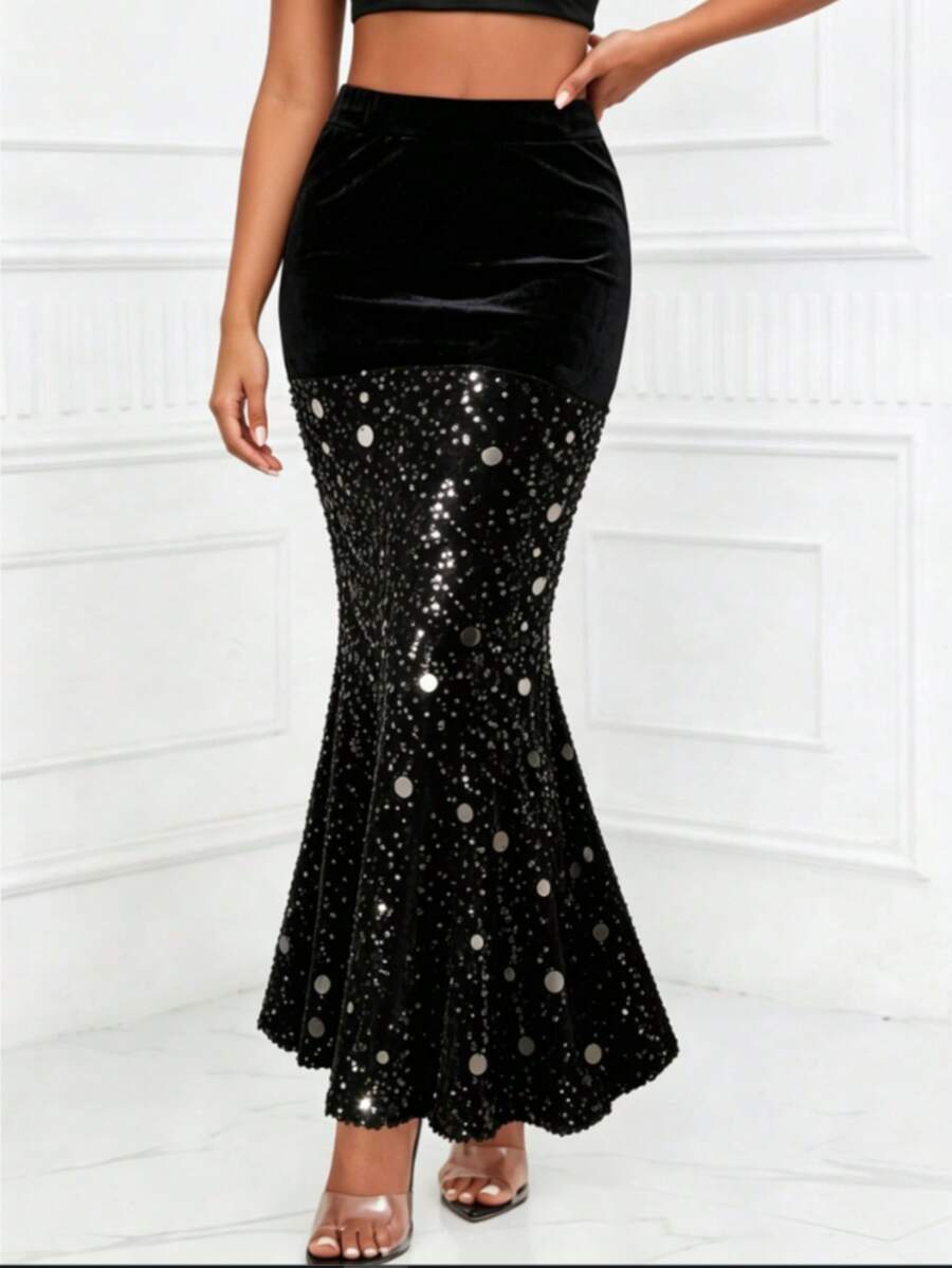 Black Sequin Patchwork Skirt, Elegant Casual Ceremonial Style, Autumn Skirt