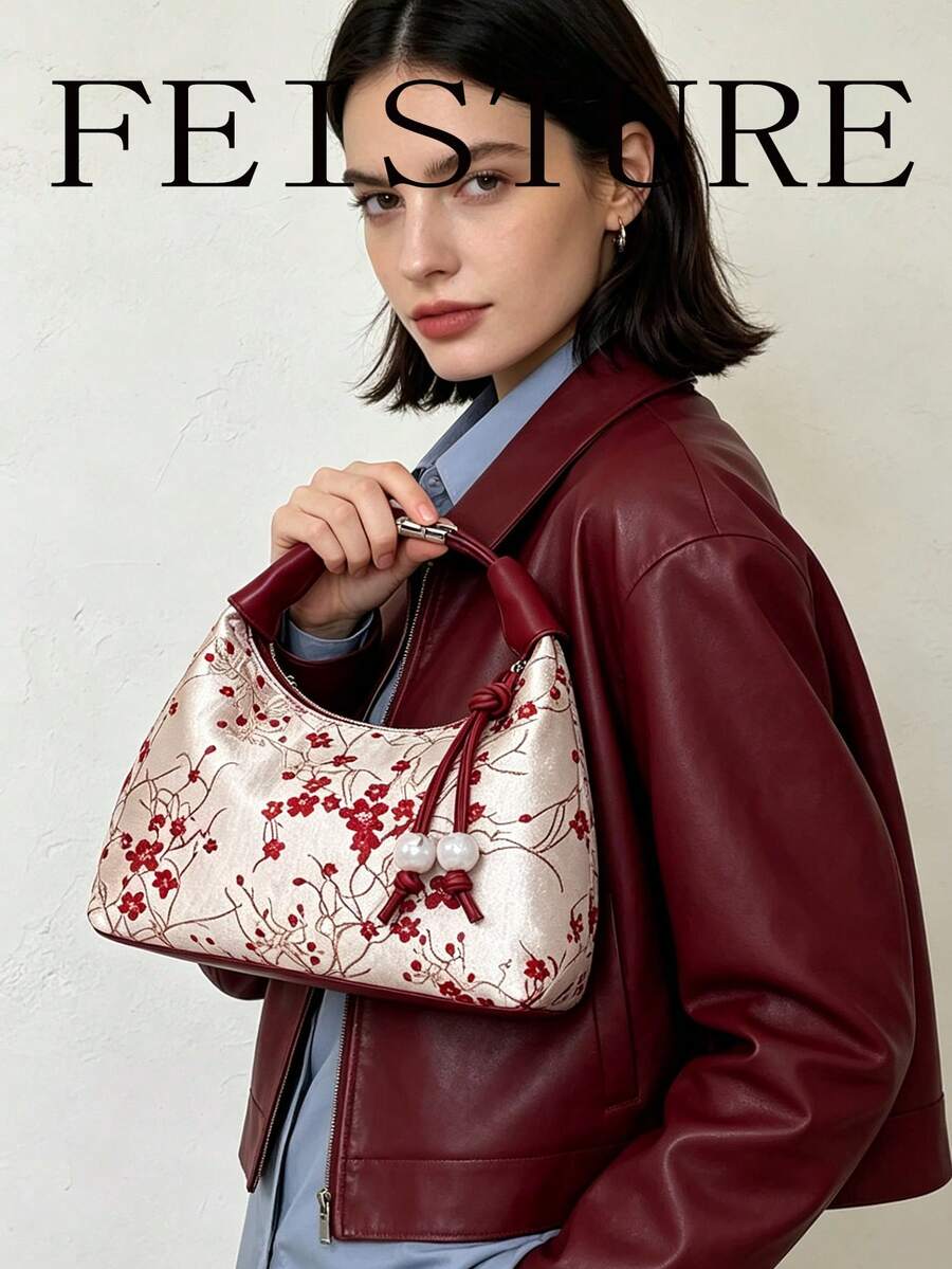 1pc Chinese Style Embroidered Nylon Dumpling Shaped Handbag, Suitable For Shopping, Dating, Women's Gift, Office Lady, Suitable For Office, College, Work, Commuting