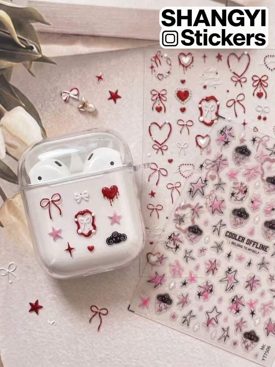 2 Styles Vintage Red Tone Heart, Bow, Star Decorative Stickers, Sweet & Cool Vibe Pattern, Suitable For Phone Case, Earphone, Camera, Nail Art And Other Personalized Creative Multi-Scene Decoration - Decorative Stickers - View 1