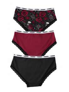 Dark Gothic Style 3-Pack Women's Triangle Shorts, Skull Rose Bat Pattern Letter Waistband Comfortable Underwear 3-Piece Set - Multicolor - View 6