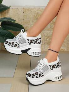 Women Platform Sneakers, Lace Up, Wedge Sole, Low Top Design - White - View 4