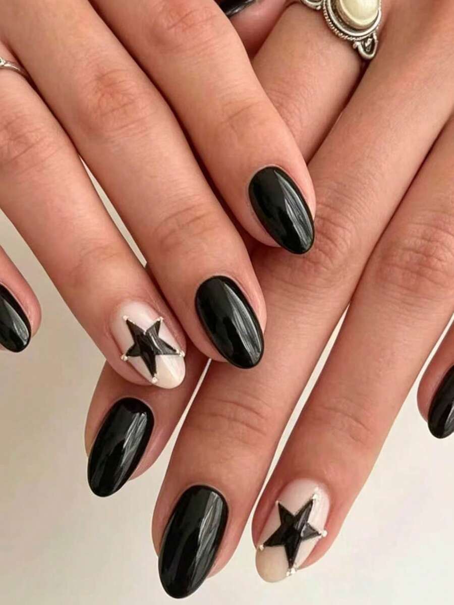 24pcs Oval Black & Nude Star Nail Stickers, Decorated With Five-Pointed ...