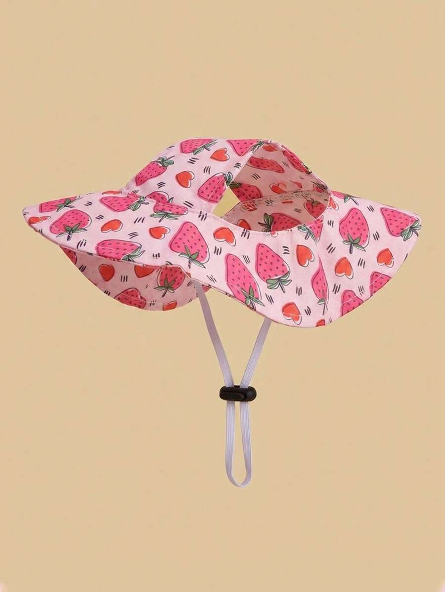 Pink Strawberry Polyester Sun Protection Hat, Ear-Exposed Design, Sun Protection Function. Pet Dog Hat, Essential Pet Accessory. Suitable For Small Pet Dogs To Wear Outdoors All Year Round.