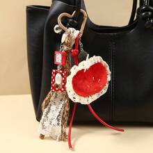 Creative Plaid Lace Tassel Fabric Strawberry Coffee Keychain Decoration Chocolate Pendant Fashion Bag Accessories - Multicolor - View 3