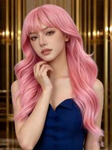 Women's Long Curly Pink Wig With Bangs, Versatile Soft Smooth Synthetic Fiber, High Density Natural Look, Secure Fit Adjustable Cap, Comfortable Wear, Suitable For Halloween Cosplay - Pink - View 4
